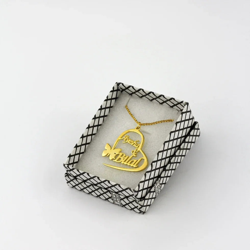 BUTTERFLY HEART COUPLE NAME NECKLACE